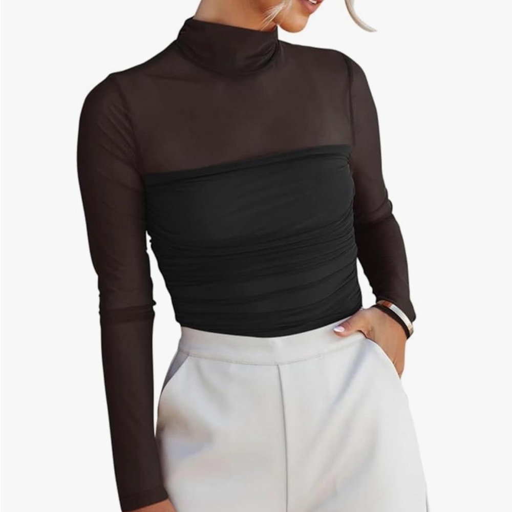 Elegant Black Sheer Long Sleeve mock neckbodysuit